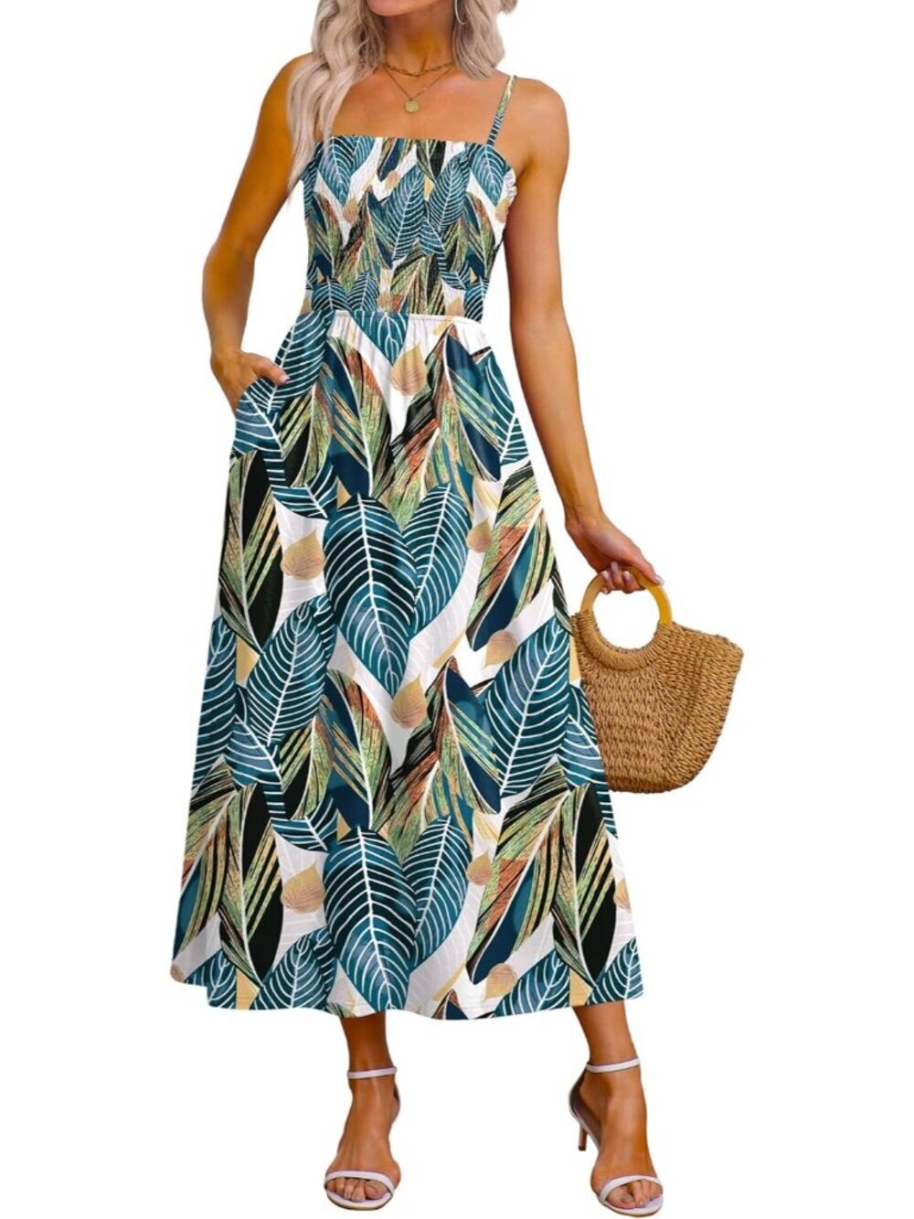 Women's Hawaii Leaf Spaghetti Strap Smocked Casual Boho Beach Long Maxi Dresses